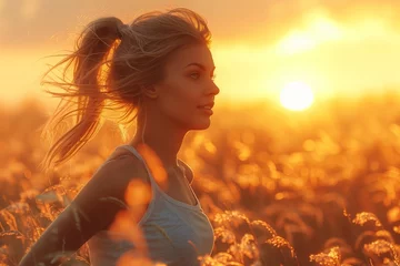 Muurstickers Graceful woman glides across the field, her beauty accentuated by the flowing landscape around © yevgeniya131988