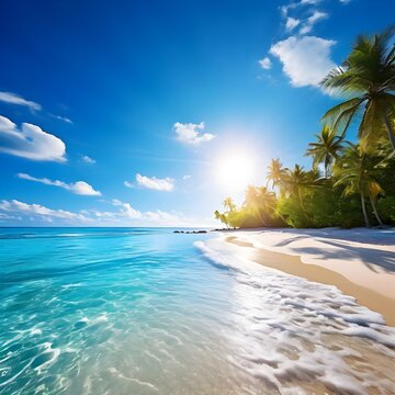 beautiful background image of a tropical beach with blue sky, Ai Generated
