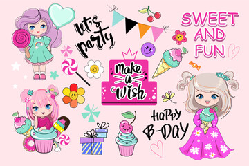 Collection with cute cartoon little girls with ice cream and candy on a pink background isolated. Anime style. Modern trend stickers for birthday. Print for t-shirt for kids - 767128039