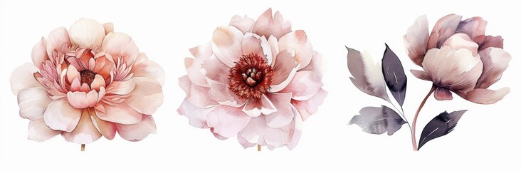 Set of watercolor illustration of three flowers, peonies and dahlia isolated on a white background, with soft pastel pink colors in a minimalist style, in the style of clipart 
