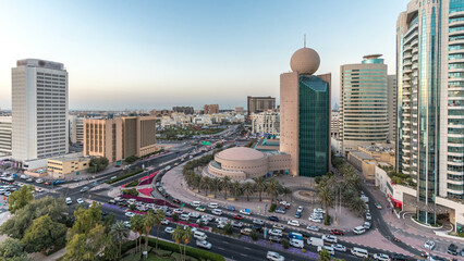 Dubai Creek area surrounded by modern buildings and busy traffic street day to night timelapse