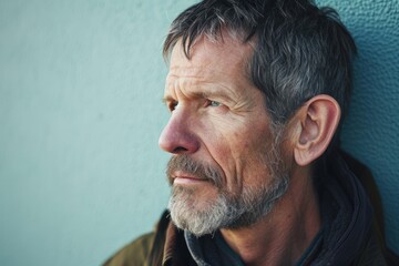 Portrait of a senior man with gray hair and beard against blue wall