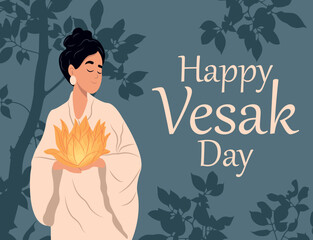 Vesak Day. A woman carries a lantern in a parade during the Lotus Lantern Festival to celebrate Vesak, the Buddha's birthday. Happy Buddha Day Vector Illustration.