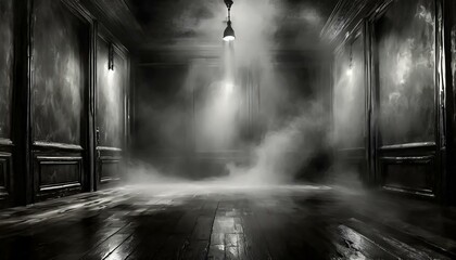 the dramatic entrance of a mysterious dark fog into a room, its presence evoking a sense of foreboding and intrigue as it swirls and billows, hinting at the secrets and mysteries that lie beyond. - obrazy, fototapety, plakaty