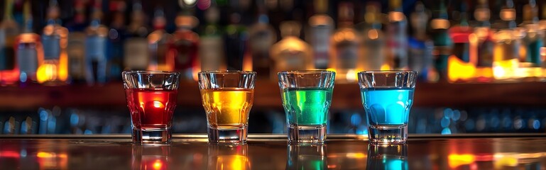 A banner of a row of 4 shot glasses containing different coloured liquor sitting on a bar,  party vibes - obrazy, fototapety, plakaty