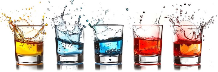 A banner of a row of 5 shot glasses containing different coloured liquor with light splashes on a white background, party vibes - obrazy, fototapety, plakaty