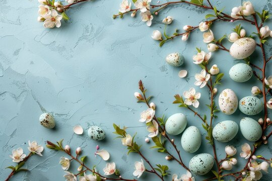 Easter background with Easter eggs and spring flowers. Top view with copy space - generative ai
