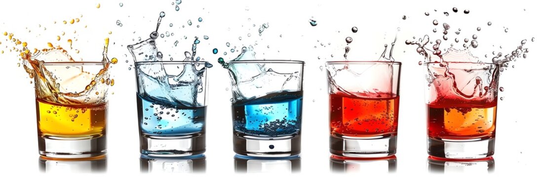 A banner of a row of 5 shot glasses containing different colored liquor with light splashes on a white background, party vibes.