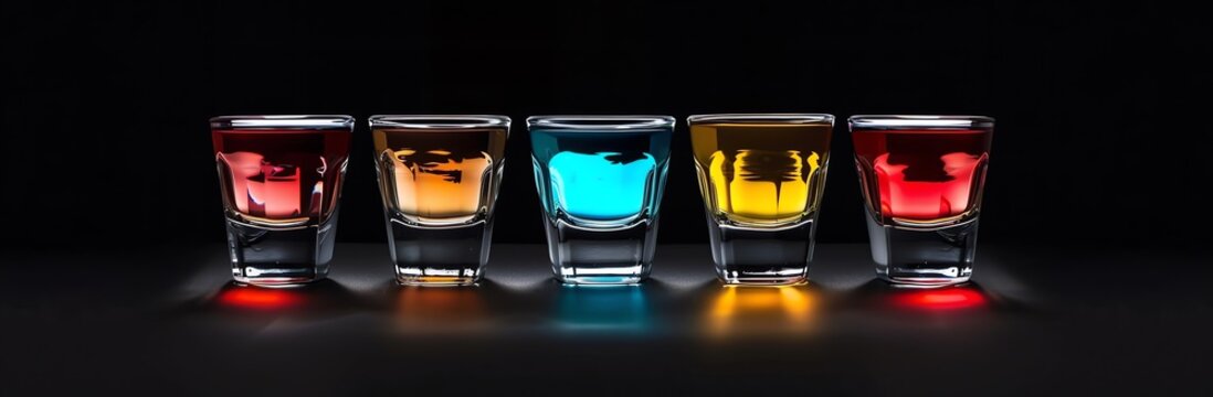 A banner of a row of 5 shot glasses containing different coloured liquor,  on a black background, party vibes