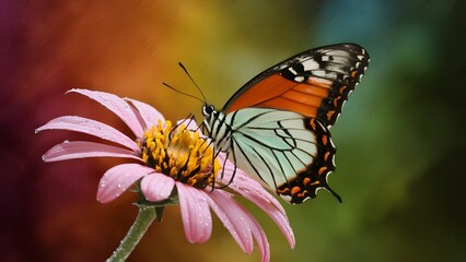 Fototapeta na wymiar Butterfly rests on rain soaked flower against colored background