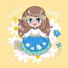 Beautiful little girl with chamomile. Vector cartoon illustration. Pop art style. Concept summer - 767128849