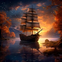 Obraz premium Ship on Lake in the dusk 