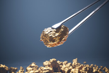 Precious Gold Nuggets Precisely Handled with Tweezers Against a Dark Backdrop