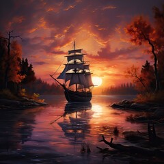 Fototapeta premium Ship on Lake in the dusk 