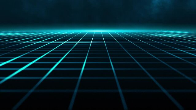 Retro futuristic cyberpunk grid motion background with blue glowing light beams. This stylish synthwave animation is full HD and a seamless loop.
