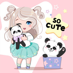 Beautiful little girl with panda. Cartoon vector illustration for kids - 767129208