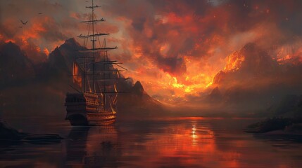 Ship on Lake in the dusk  - obrazy, fototapety, plakaty
