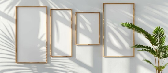 Large landscape mockup frames in various sizes such as 50x70, 20x28, A3, and A4, with a wooden frame and passe-partout displayed on a white wall alongside a palm leaf. The design aesthetic is clean,