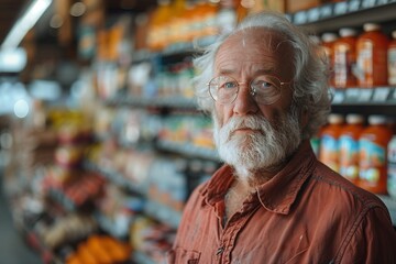 Fototapeta premium Masculine charm exudes from an elder gentleman in a vibrant red shirt, amidst summer supermarket aisles