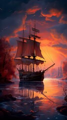 Fototapeta premium Ship on Lake in the dusk 