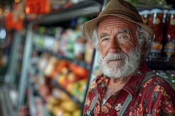 Obraz premium Masculine charm exudes from an elder gentleman in a vibrant red shirt, amidst summer supermarket aisles