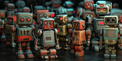Vivid array of vintage toy robots, showcasing colorful designs and playful poses against contrasting backgrounds