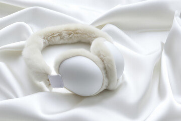 Fototapeta na wymiar silk headphones. white fluffy headphones lie on a beautiful smooth white silk, top view, concept creative