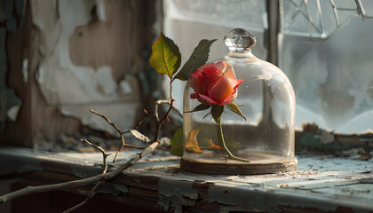 rose on an old dirty window sill in an abandoned house