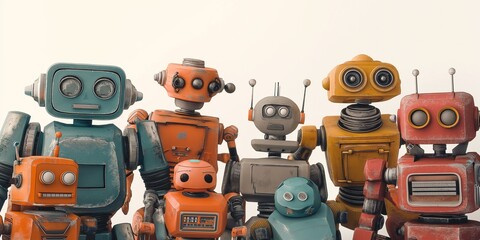 Vivid array of vintage toy robots, showcasing colorful designs and playful poses against contrasting backgrounds