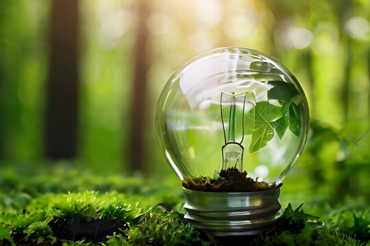 Conceptual image of light bulb on green nature, energy sources from fresh leaves, World Earth Day concept, generative AI