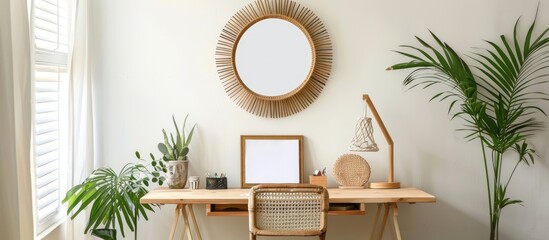 Modern Scandinavian interior featuring a mock-up photo frame, stylish office accessories, and plants on a wooden desk. A lovely mirror hangs on the white wall,