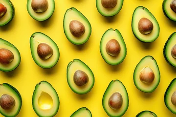 Poster Fresh ripe avocado on vibrant yellow background, top view flat lay arrangement of healthy organic fruit, natural light, copy space © SHOTPRIME STUDIO