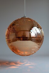 Mirrored disco ball shines under various lights, creating dazzling reflections and transforming...
