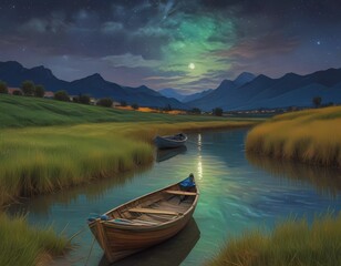 Impressionism, a charming view on the banks of the lake with a group of beautiful boats on a dreamy moonlit night - obrazy, fototapety, plakaty