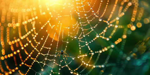 Intricate spider web covered in sparkling water droplets against vibrant green backdrop with sunrays