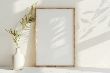 Poster mock up with wooden frame and plant on white  wall with sunbeam and shadow on home interior background. Products overlay template.