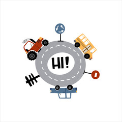 Kids card with cute car, tractor and schoolbus