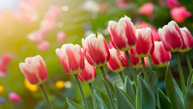 Captivating bokeh enhances bright spring tulips in floral background
