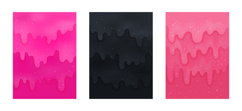Set of abstract backgrounds with glittered liquid slime. isolated vector textures for happy birthday, sale, cover, poster, greeting cards, Halloween designs. Vertical illustrations with blank space. 