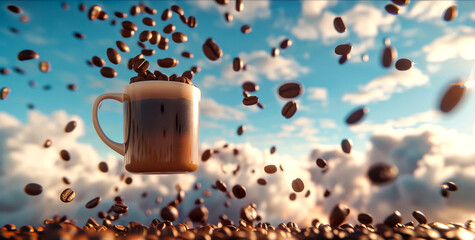 A dreamlike scene of a coffee mug floating in a surreal sky filled with floating coffee beans - obrazy, fototapety, plakaty