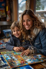 Fototapeta premium Mother and child bond joyfully at the table, engaging in interactive board game activities
