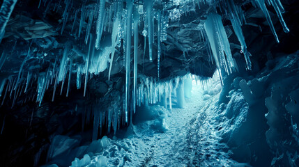A hauntingly beautiful ice cave adorned with intricate crystalline formations - obrazy, fototapety, plakaty