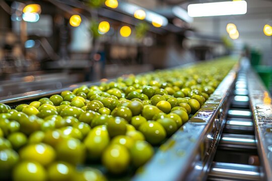 Green olive processing conveyor line, selective focus