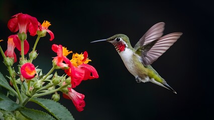 Fototapeta premium Capture Dark background with ruby throated hummingbird in flight near flower