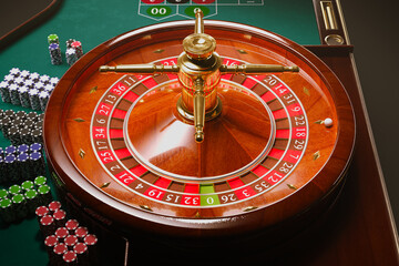 Luxurious Close-up of a Roulette Wheel and Colorful Chips in a Casino
