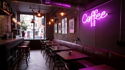 Interior of a coffee shop in London, England with a purple neon sign mounted on the wall, rustic feel with brick walls, wooden furniture, hanging lights, and framed artwork