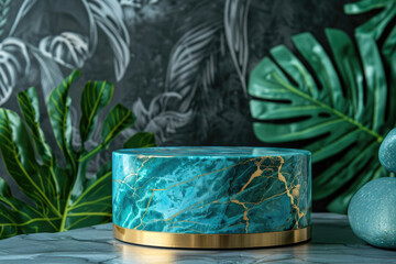Turquoise marble stone podium, product display stand with green tropical leaves background