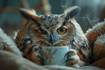 Owl perched, one foot resting on morning coffee, embracing serenity amidst the dawn's tranquility - obrazy, fototapety, plakaty