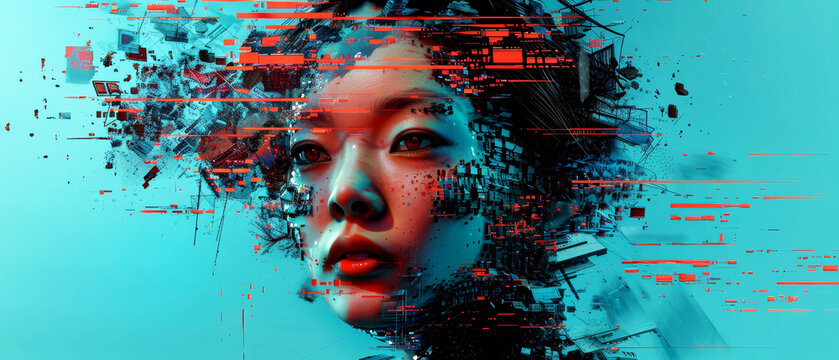 Craft an engaging illustration blending elements of traditional reality with glitch effects, portraying blurred lines between whats real and simulated Incorporate subtle visual cues hinting a