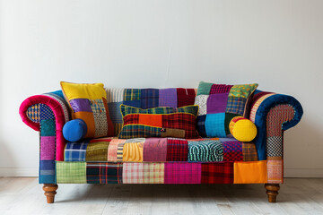 Colorful Patchwork Sofa in Minimalist Living Room - obrazy, fototapety, plakaty
